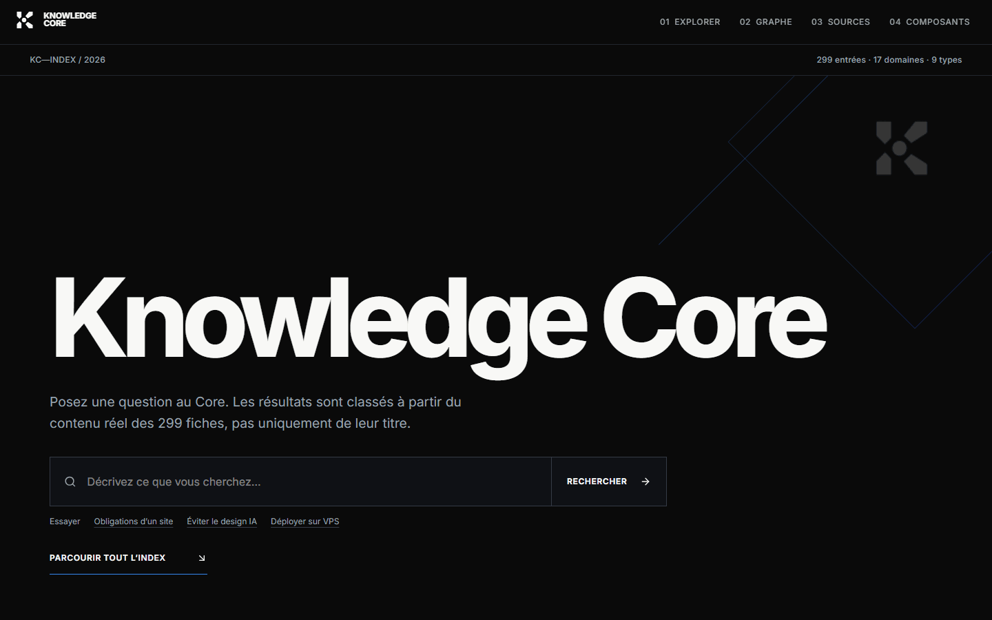 Interface réelle de recherche de Knowledge Core sur ordinateur